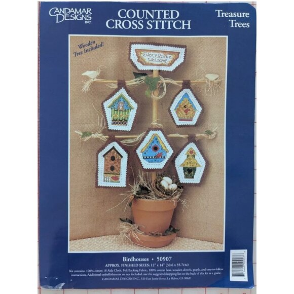 CANDAMAR Designs BIRDHOUSES TREASURE TREES Cross Stitch Kit Complete Wood Dowels - Picture 1 of 3